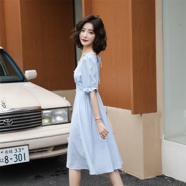 花边方领格纹泡泡袖连衣裙，女装连衣裙，韩蔻秀
