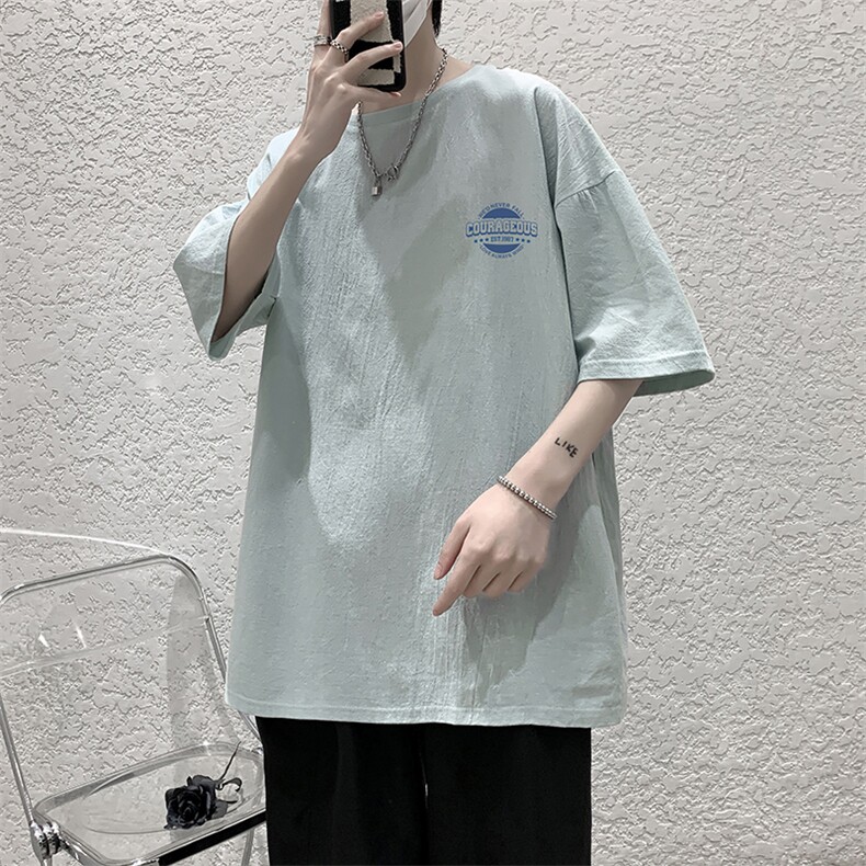 YT26395-P30亚麻短袖t恤男大码五分袖男宽松七分袖大皂风模特,男装T恤,电商A040