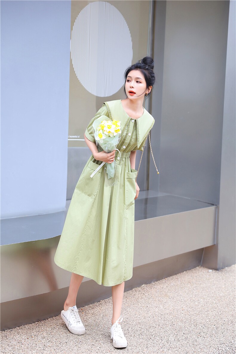 法式娃娃领连衣裙女2022夏季新款韩版简约气质甜美收腰显瘦A字裙,女装连衣裙,辉之琳