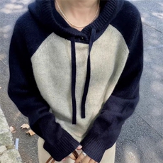 秋冬新款拼色连帽针织卫衣时尚百搭，女装针织衫/毛衣，冀清阳荣