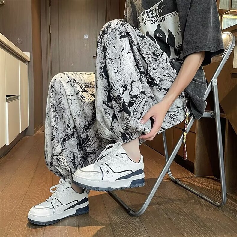 休闲裤潮宽松腰宽松型扎染泼墨休闲裤男束脚灯笼裤常规青少年X906图片