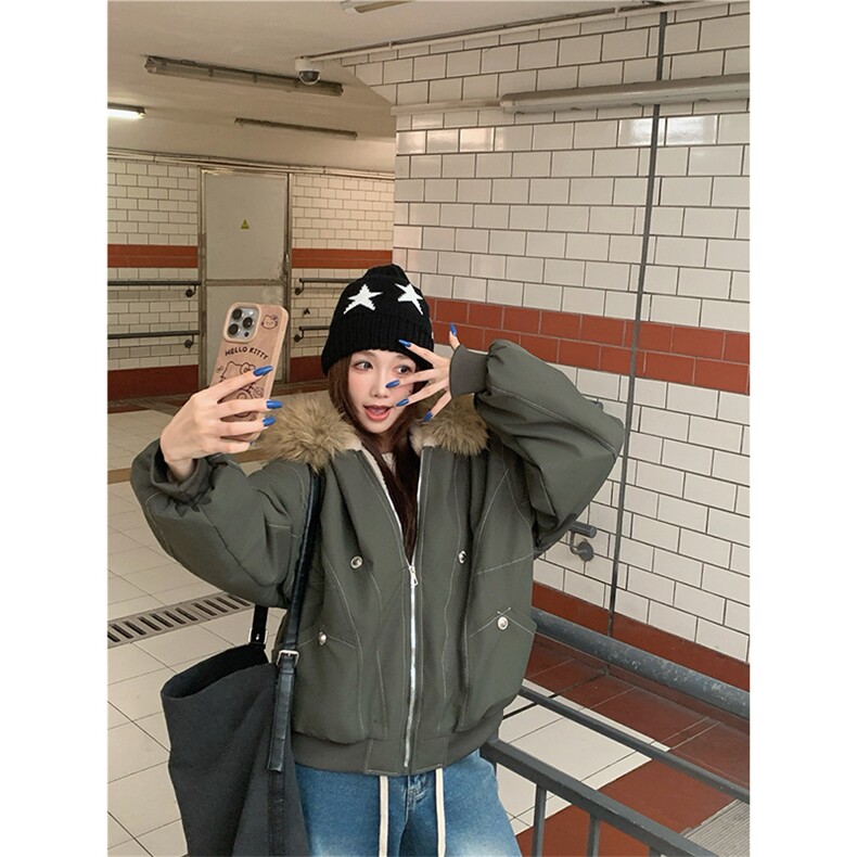 现货重磅boxy短款棉衣座山雕大毛毛领男女棉服水洗工装厚外套,男装棉衣,电商A486-1