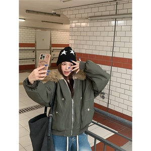 现货重磅boxy短款棉衣座山雕大毛毛领男女棉服水洗工装厚外套