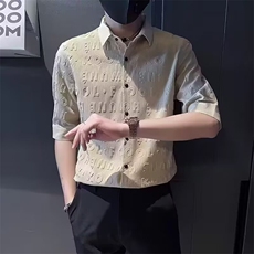 痞帅五分袖衬衫男潮牌短袖立体压花半袖寸衫休闲痞帅男装中袖衬衣，男装衬衫，电商B212（原钱塘6029）