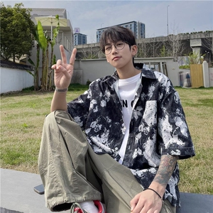 短袖花衬衫男夏季小众设计感美式潮牌痞帅五分袖衬衣宽松休闲外套图片