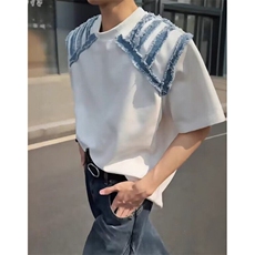 潮流白色牛仔杠条拼接撞色短袖T恤男ins慵懒日系流行TG84，男装T恤，星座1116A（原606A-3）