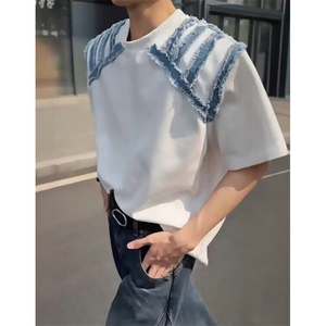 潮流白色牛仔杠条拼接撞色短袖T恤男ins慵懒日系流行 TG84图片