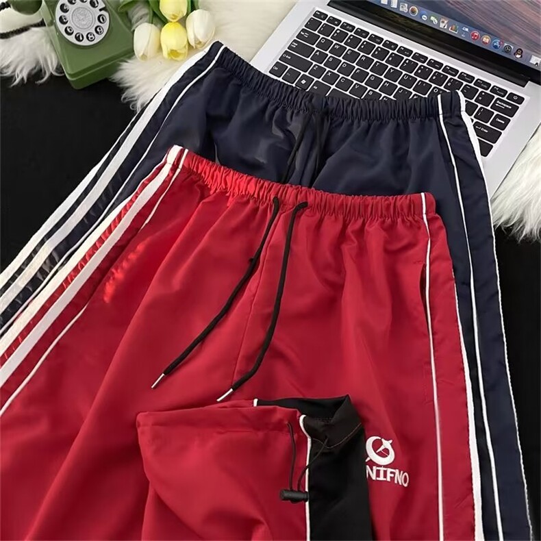 美式复古休闲运动裤男夏薄款阔腿宽松速干潮牌高街红色hiphop裤子,男装休闲裤,四季星座218-1