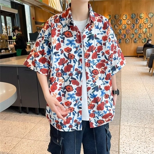 油画复古巴满印花衬衫男潮流港风高弹情侣短袖慵懒衬衣男 C649图片