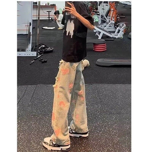 H3311-批50花卉破洞牛仔裤男款夏季显瘦裤子玫瑰满印裤图片