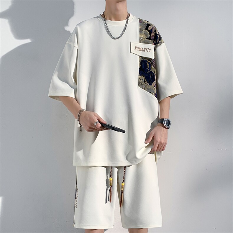 小熊拼接套装男夏季潮牌休闲宽松短袖短裤国潮大码运动服酷帅一套，男装T恤，电商A022