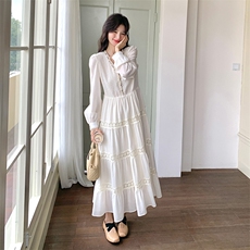 清纯乖乖妹白色连衣裙女春秋2025新款超火好看氛围感独特漂亮长裙，女装连衣裙，2D035