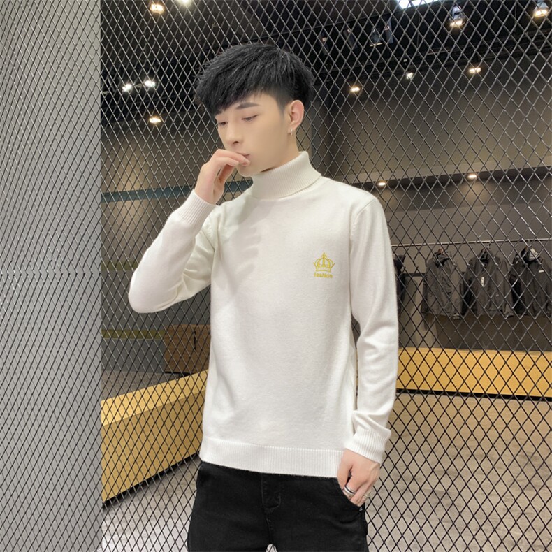 秋冬可翻高领毛衣男皇冠纯色长袖男刺绣毛衫打底针织衫白M253P33,男装针织衫/毛衣,星座1207