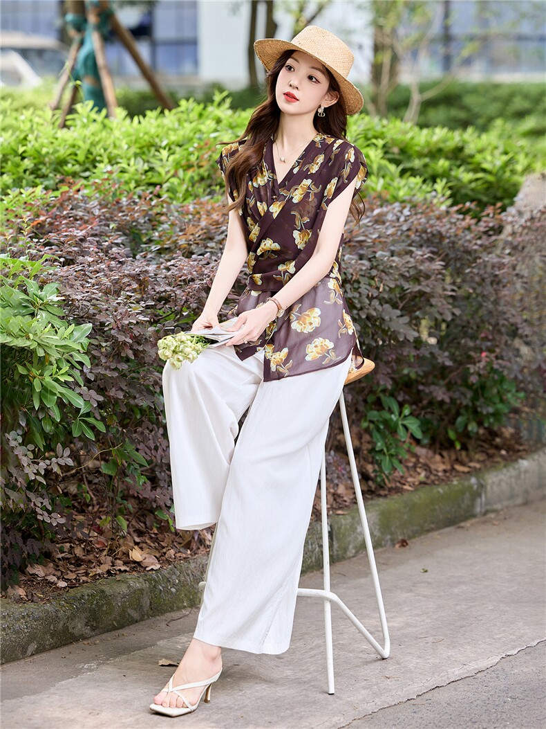 2025夏季新款设计感气质法式复古印花收腰衬衫阔腿裤两件套,女装套装/套裙,妙形