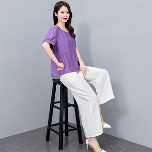 时尚棉麻套装女夏季洋气减龄遮肚子宽松显瘦休闲亚麻阔腿裤两件套图片
