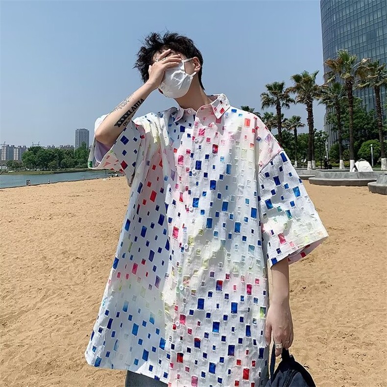 破洞做旧短袖衬衫男女夏季痞帅百搭宽松休闲衫衬衣上衣外套,男装衬衫,星座601-2