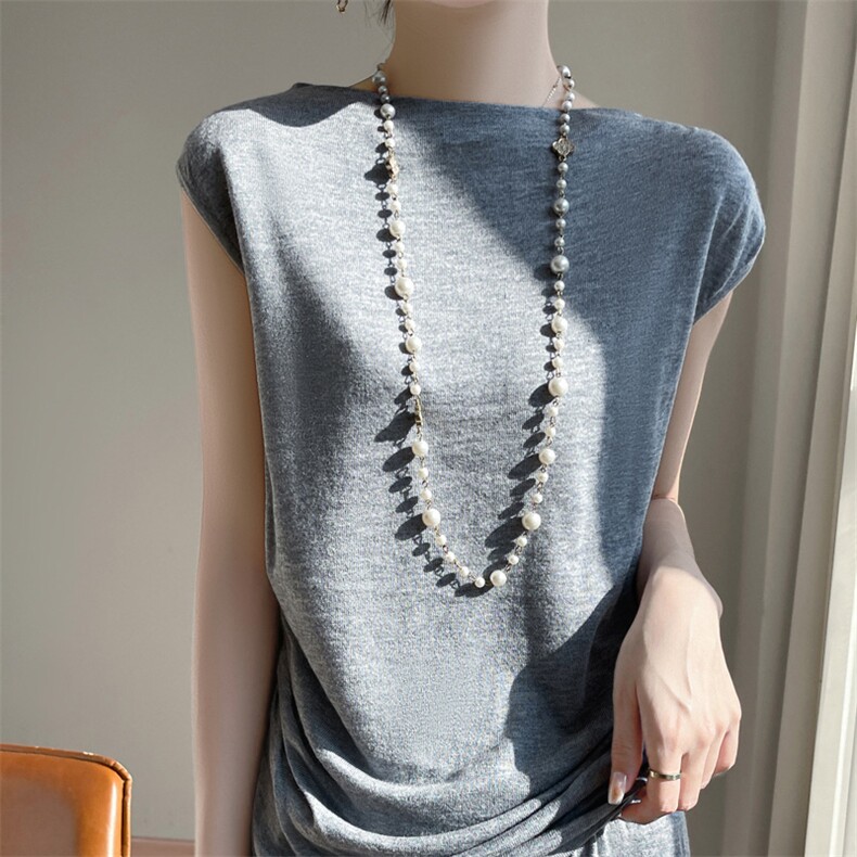 精纺洋气一字肩包肩无袖针织打底衫女2025新显瘦时尚气质T恤背心，女装羊毛衫，总能电商供货