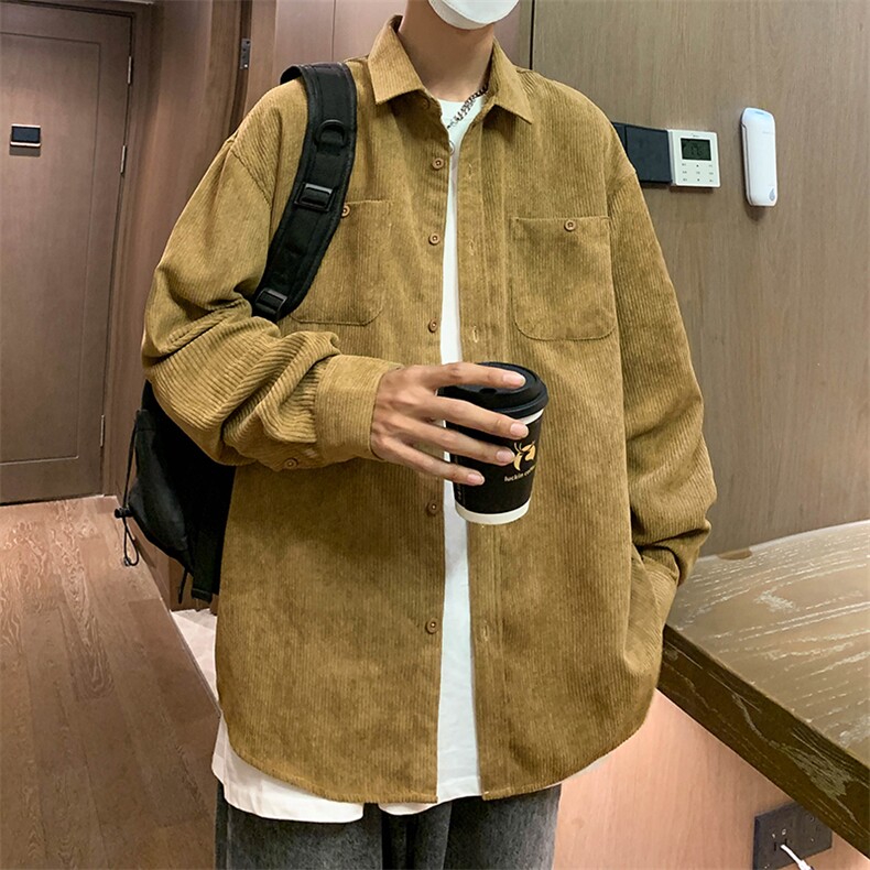 高品质灯芯绒23春季新款时尚潮流韩版纯色长袖衬衫S10P45控68,男装衬衫,电商A247