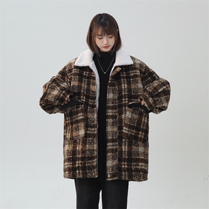 毛呢秋冬格子大衣翻领羊羔绒加绒加厚棉服宽松外套A170-M808-TP95