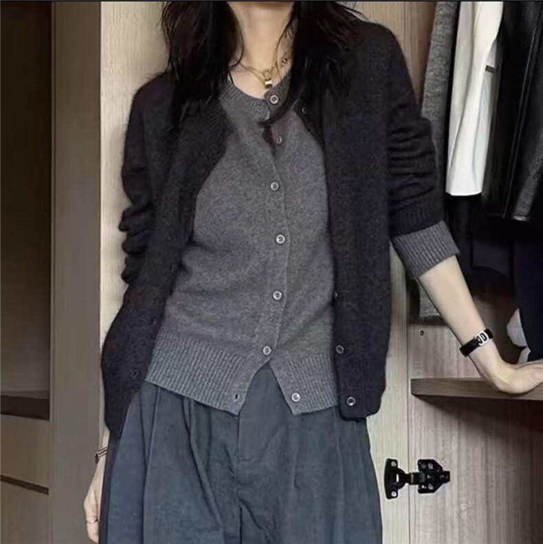 高级慵懒风澳洲美丽诺羊毛假两件开衫女圆领秋冬加厚毛衣外套，女装针织衫/毛衣，美轩羊绒