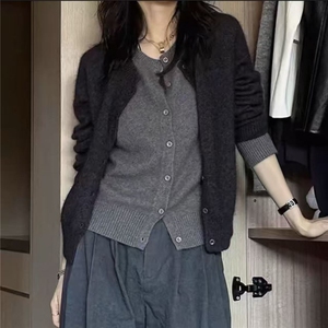 高级慵懒风澳洲美丽诺羊毛假两件开衫女圆领秋冬加厚毛衣外套,女装针织衫/毛衣,美轩羊绒