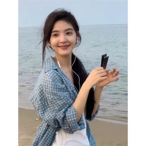 TC767-P45章若楠同款 蓝色格子衬衫上衣女夏季薄款慵懒风休闲宽松图片