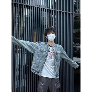 复古水洗垫肩短款拼接牛仔外套男女做旧设计感夹克潮WL3122-P68图片