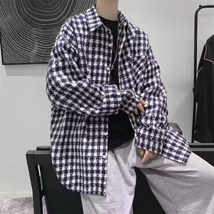 F572P48秋季毛呢夹克外套男长袖格子衬衫秋天韩版文艺宽松图片