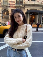温柔风秋冬百搭高级简约经典圆领麻花镂空羊毛衫，女装羊毛衫，冀清阳荣