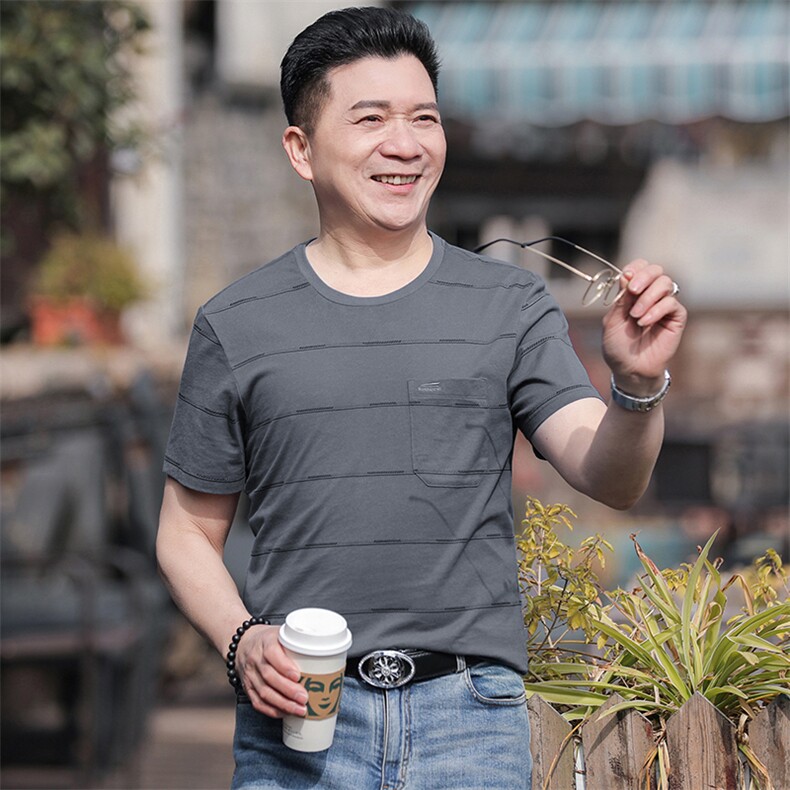 爸爸夏装短袖T恤男薄款圆领上衣2023夏季新款中年男士条纹体恤衫,男装T恤,电商B212（原钱塘6029）