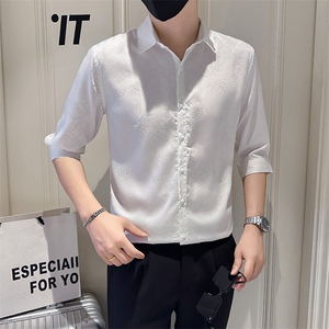 店主风社会小伙男士暗花痞帅七分袖衬衫男衬衣301A-1/CS586/P55图片