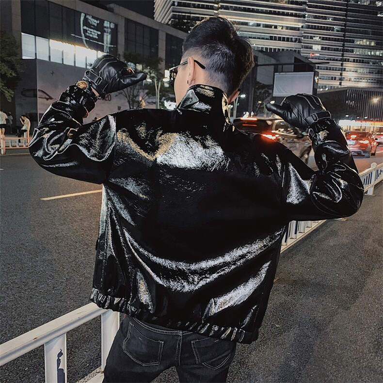 春款社会风小伙PU皮亮面修身立领黑武士机车夹克D1150-P115控148,男装皮衣,星座308A