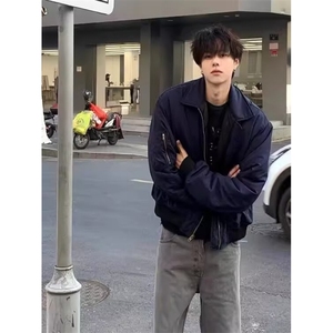 复古藏蓝色工装外套男款棉衣设计感高街棒球服飞行员夹克 M8212图片