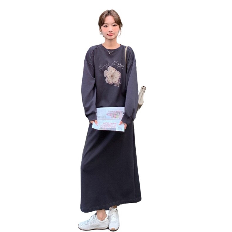 休闲运动灰色碎花卫衣半身裙套装女春秋2025新款小个子超火两件套,女装套装/套裙,2D014