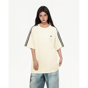 抖音得物高品质二开240克宽松纯棉美式潮牌三条杠织带短袖T恤图片