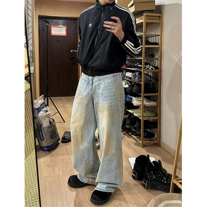 美式复古脏脏做旧牛仔裤男女直筒宽松慵懒松弛感裤子N7659,男装牛仔裤,星座1116A（原606A-3）
