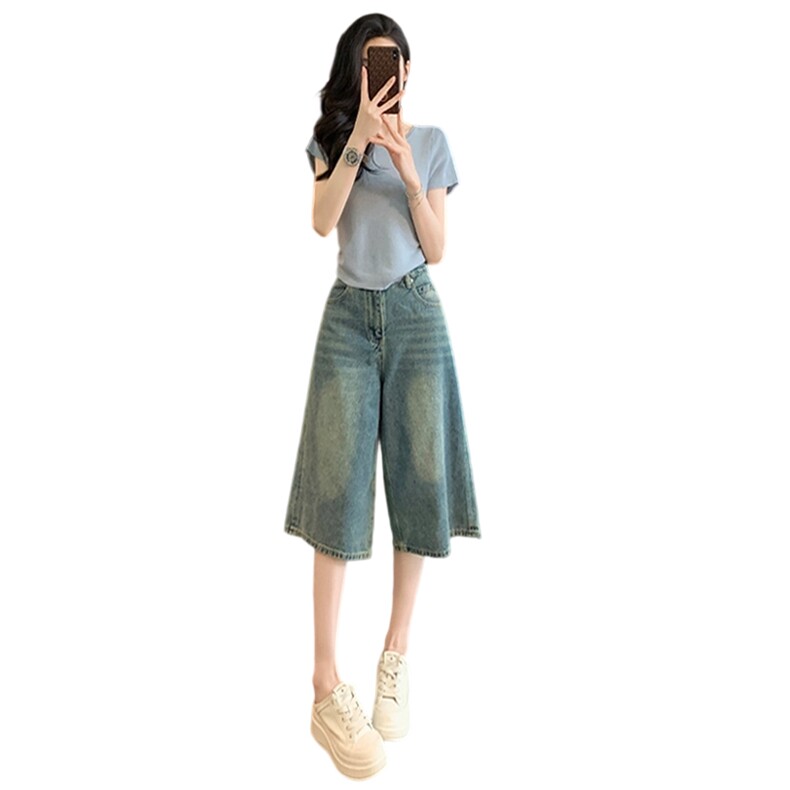 欧货休闲时尚套装女夏新款圆领后背系带镂空短袖牛仔中裤两件套潮,女装套装/套裙,江南