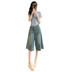 欧货休闲时尚套装女夏新款圆领后背系带镂空短袖牛仔中裤两件套潮，女装套装/套裙，江南