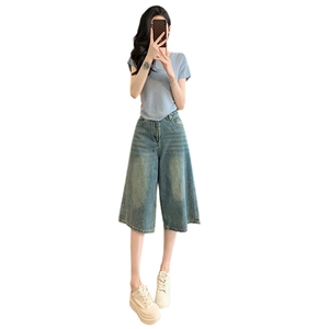 欧货休闲时尚套装女夏新款圆领后背系带镂空短袖牛仔中裤两件套潮图片