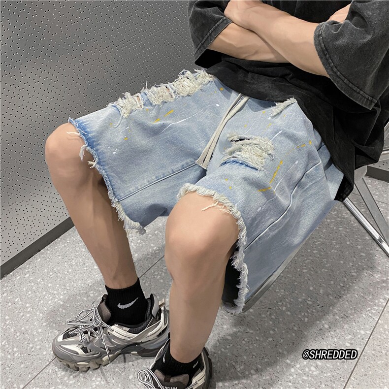 夏季港风破洞牛仔裤印花宽松休闲短裤五分裤B315-K5018-P45控58,男装牛仔裤,电商B315