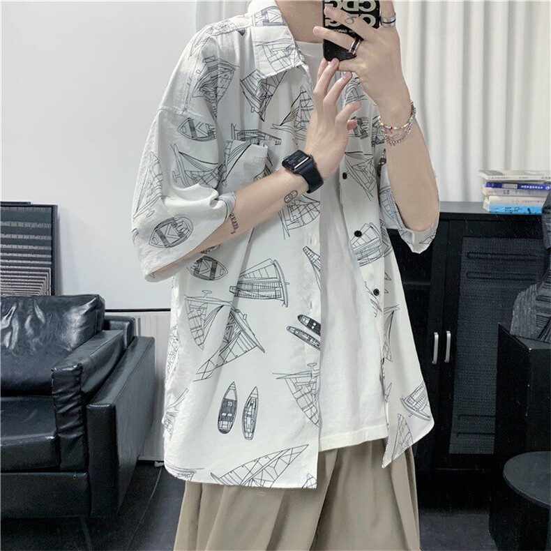 痞帅薄款冰丝短袖衬衫潮ins印花宽松慵懒DX22特P30,男装T恤,电商D325