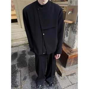 中式黑色廓形西服夹克男春秋季潮高级感痞帅小众宽松西装外套图片