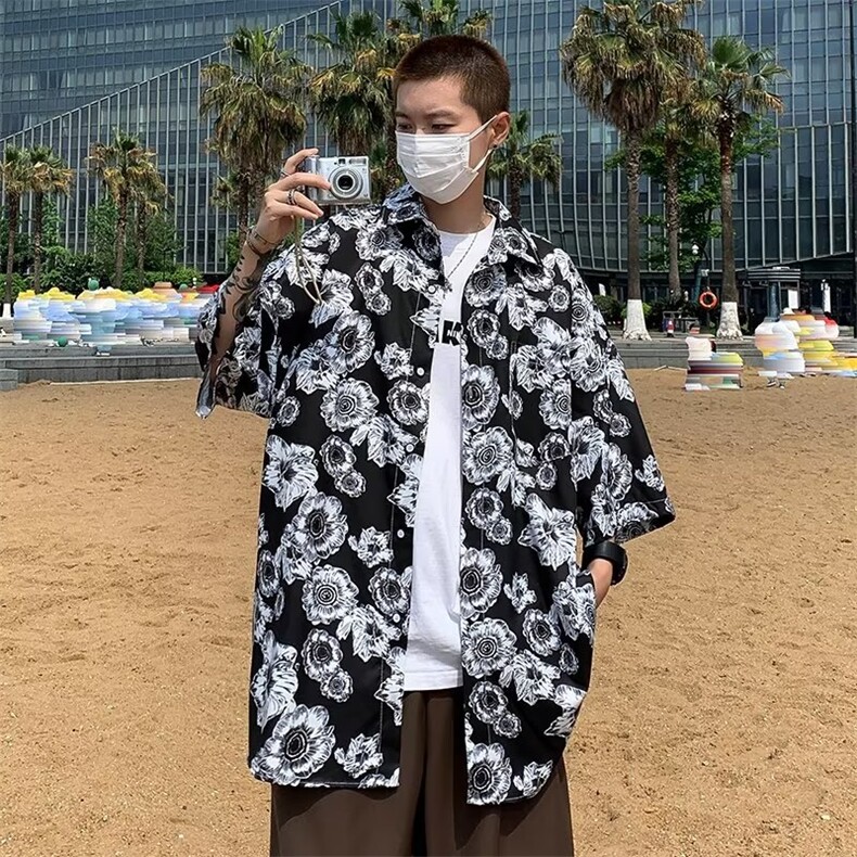 夏威夷满印花衬衫男痞帅潮牌潮流美式复古休闲沙滩衬衣外套ins潮,男装衬衫,星座601-2