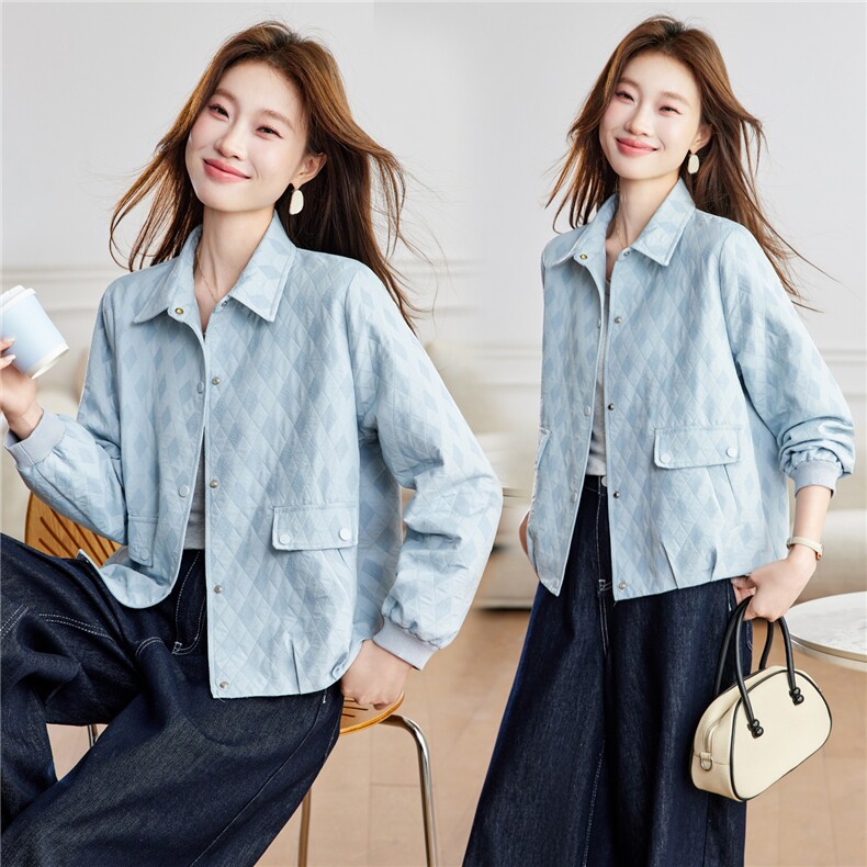 2026年春季翻领菱形格刺绣短外套上衣，女装短外套，简韵佳