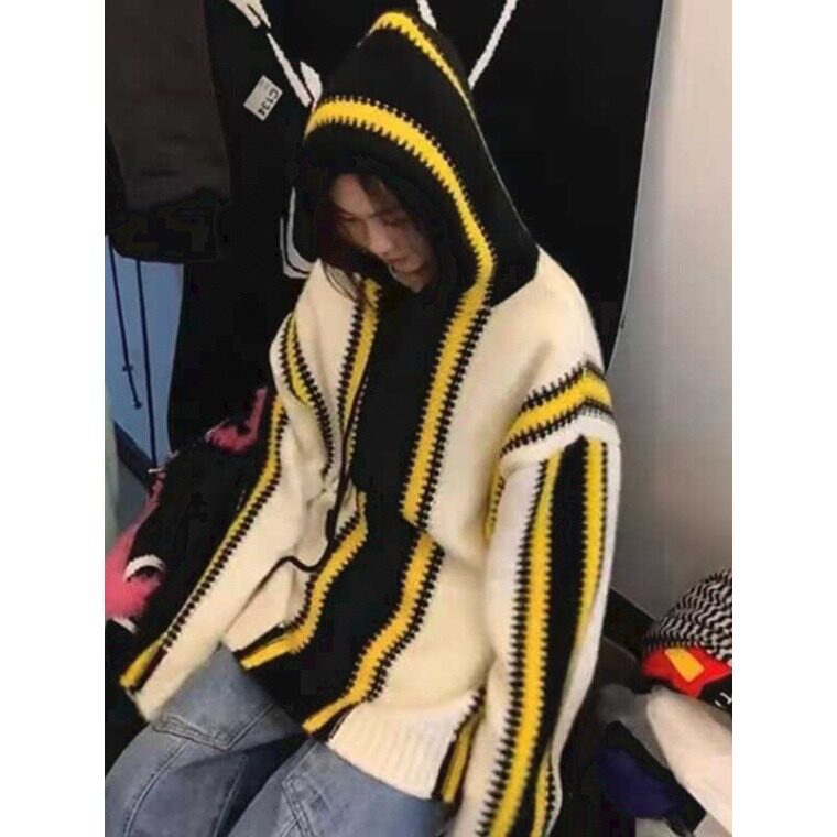美式慵懒风oversize撞色条纹毛衣男女秋冬情侣高级感连帽针织外,男装针织衫/毛衣,星座1210-1