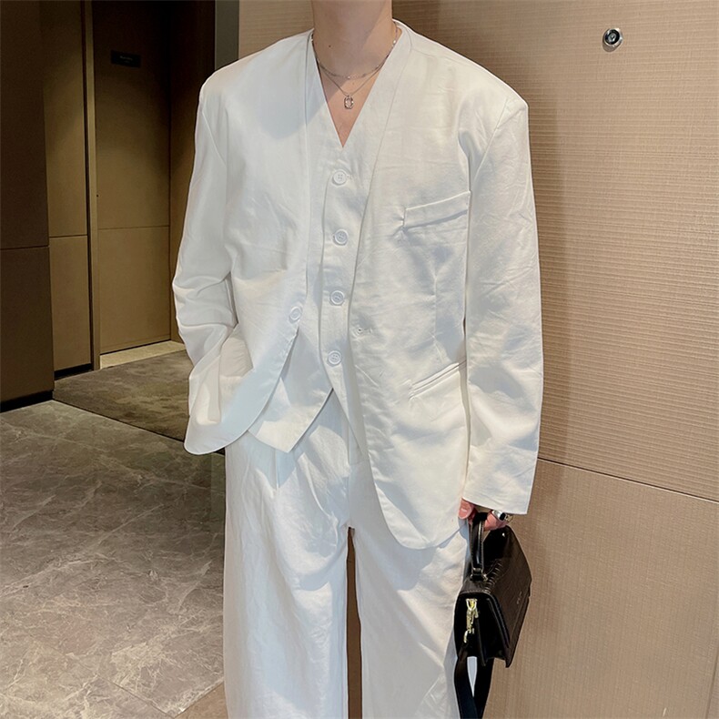 春秋休闲亚麻西服套装男时尚帅气西装马甲阔腿裤三件套TZ263-P265图片