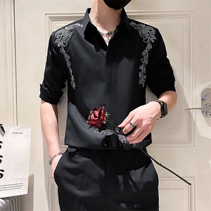 男士夏季新款男士绣花七分袖衬衫男韩版修身衬衣301A-1/CS407/P55图片