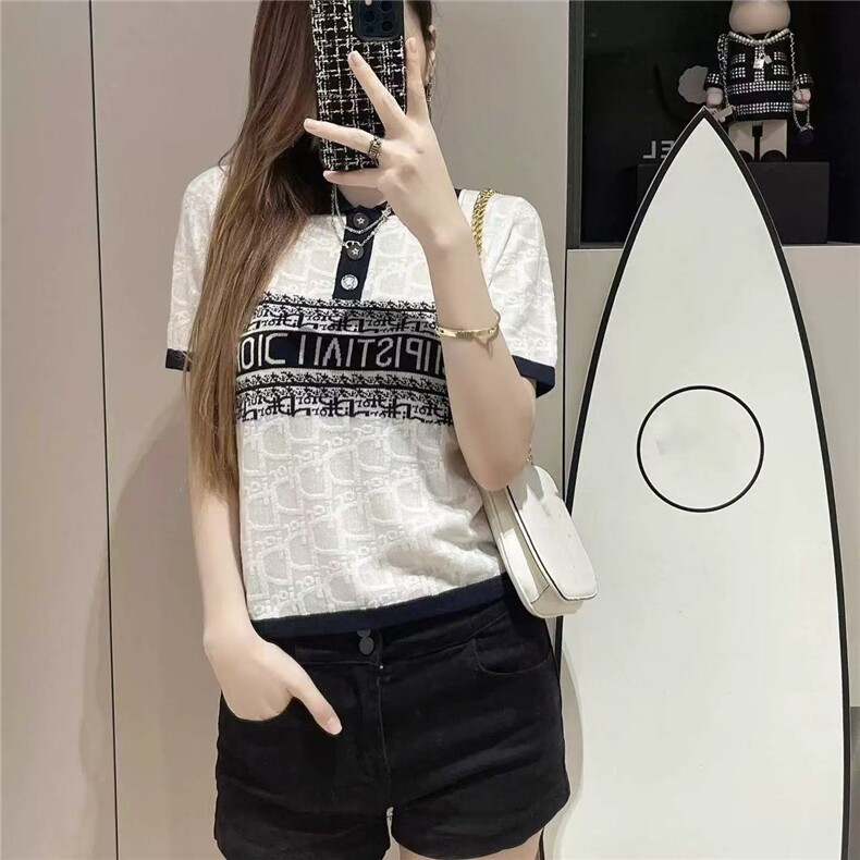 2025夏新款D家浮雕POLO衫短袖T恤女字母刺绣天丝冰丝宽松针织上衣,女装T恤,魅途羊绒
