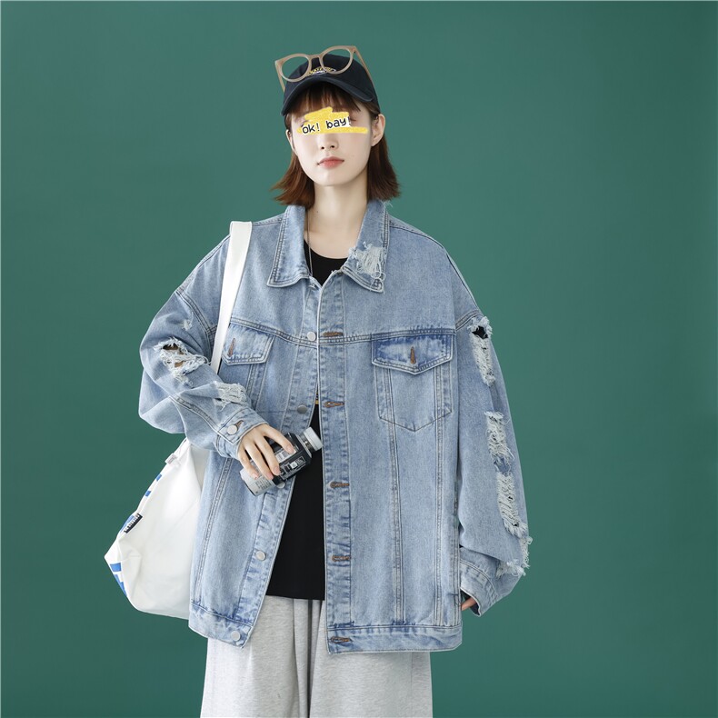 jk629-p70-限价98 现货破洞港风大码肥仔牛仔外套ins宽松夹克图片