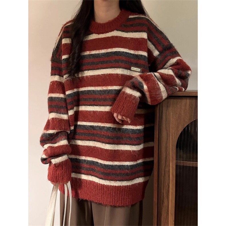 复古宽松学院风条纹圆领美式慵懒风百搭针织衫毛衣男女潮MY9236,男装针织衫/毛衣,星座516A